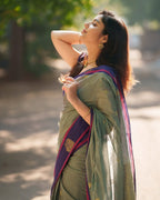 Sage Green & Purple Border Silk Saree - view 3 of 7