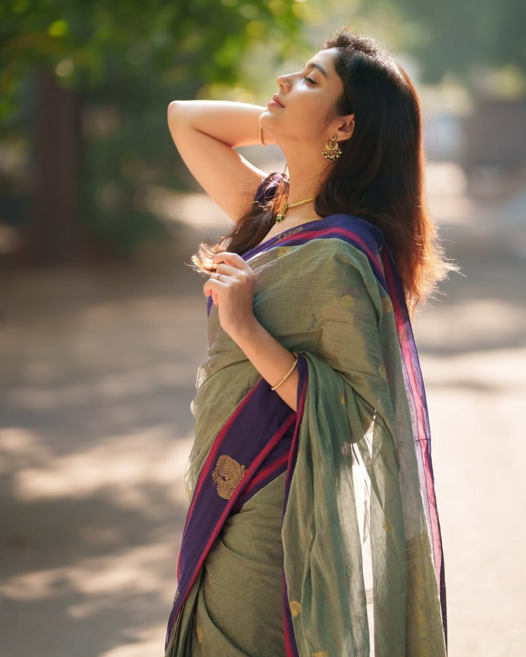 Sage Green & Purple Border Silk Saree - view 3 of 7