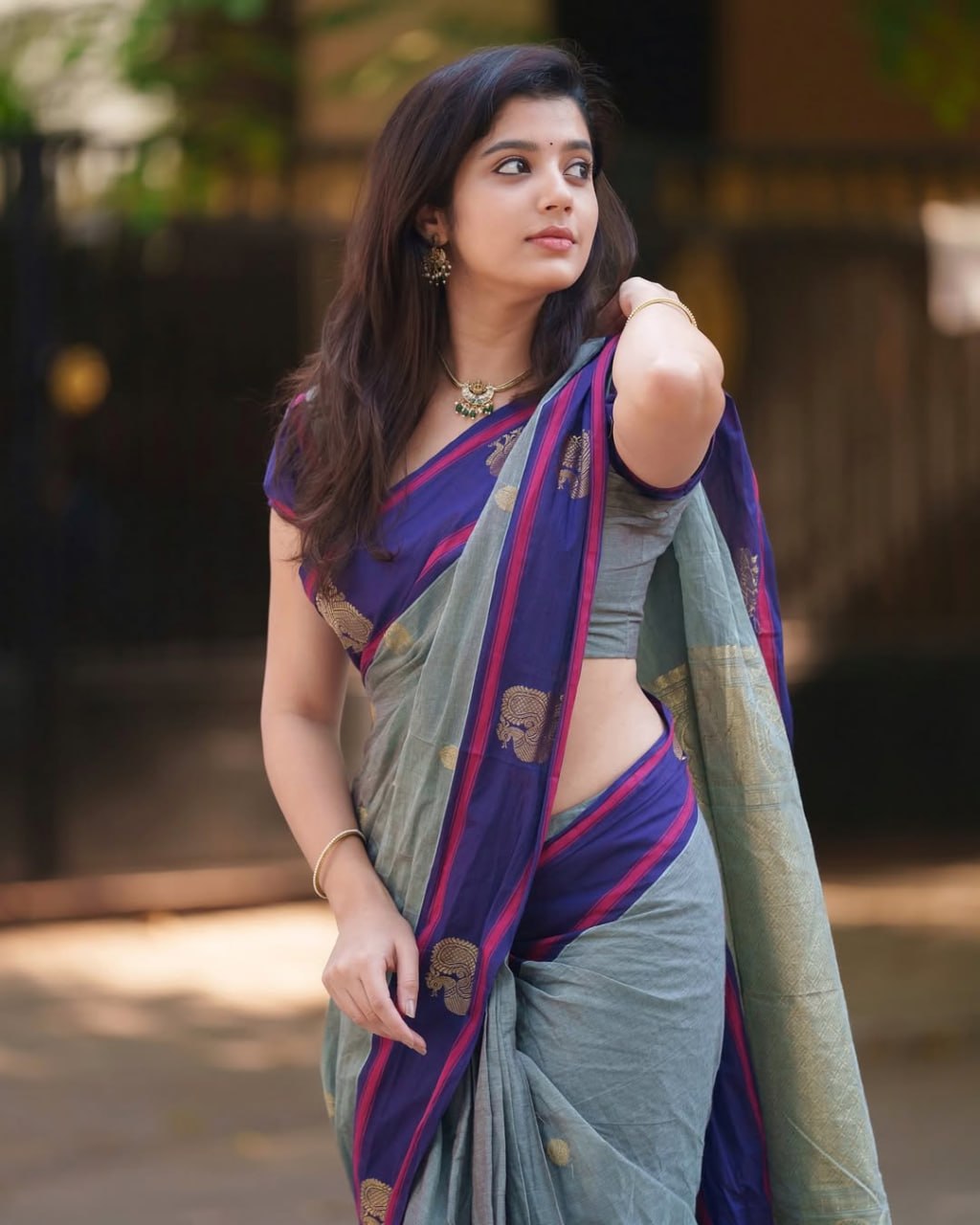 Sage Green & Purple Border Silk Saree - view 6 of 7