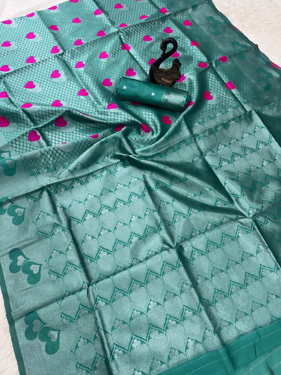 Sea Green Heart Motif Jacquard Silk Saree - Shivay Libas