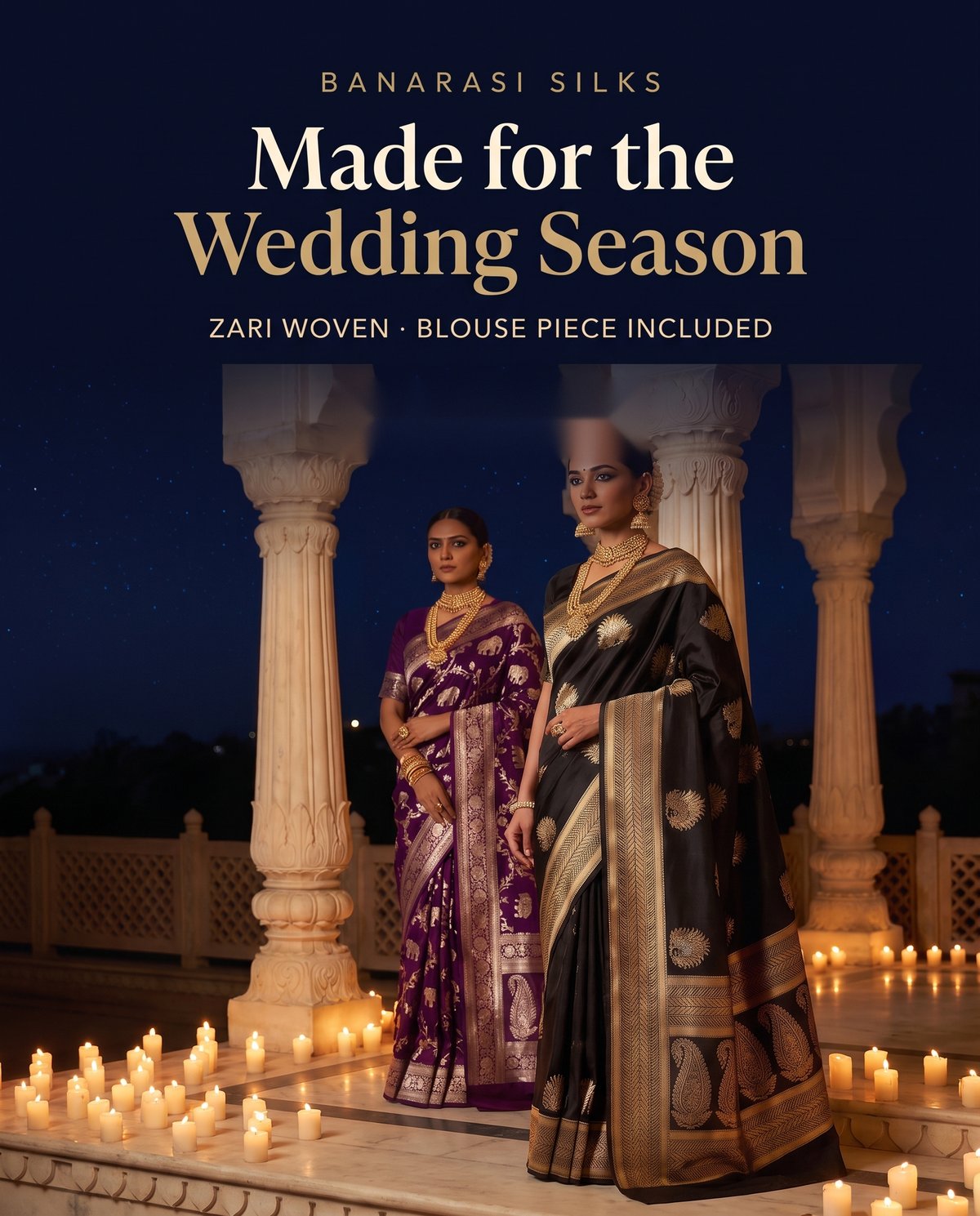 Banarasi silk sarees for the wedding season - black and purple zari woven Banarasi sarees