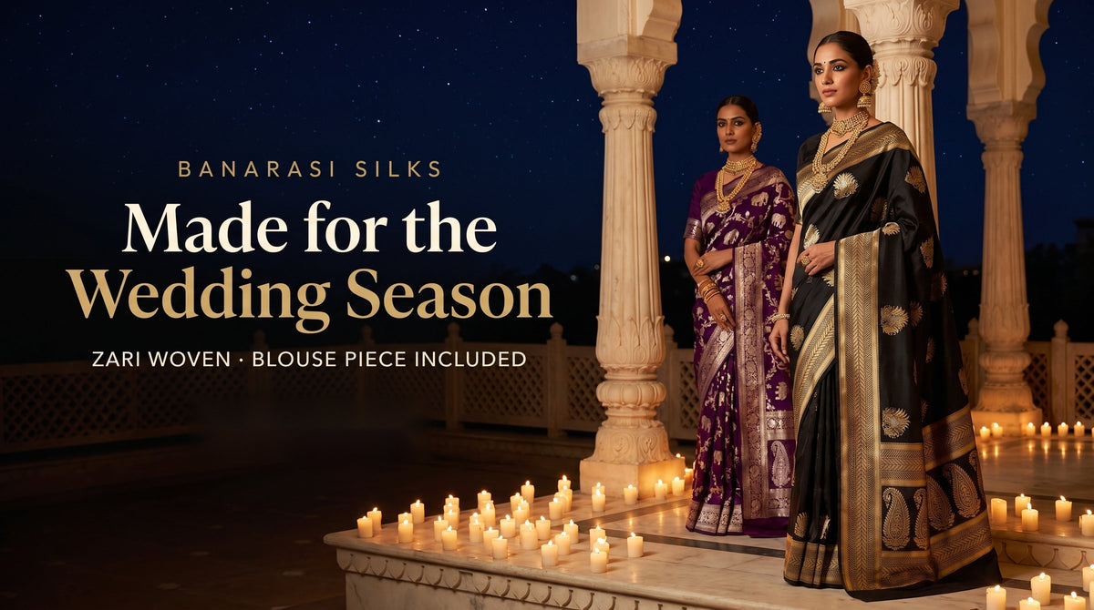 Banarasi silk sarees for the wedding season - black and purple zari woven Banarasi sarees