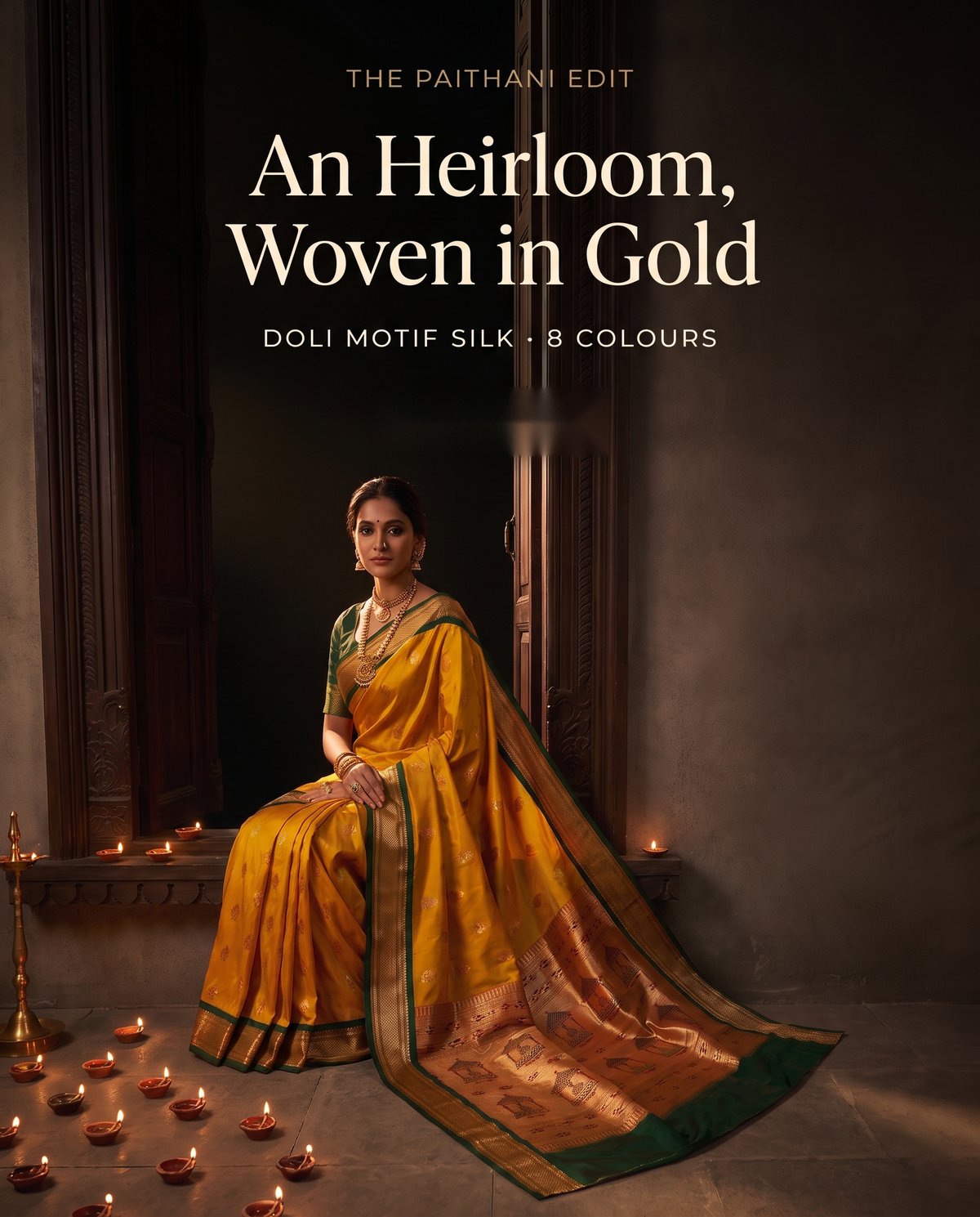 The Paithani Edit - mustard Paithani silk saree with doli motif zari pallu