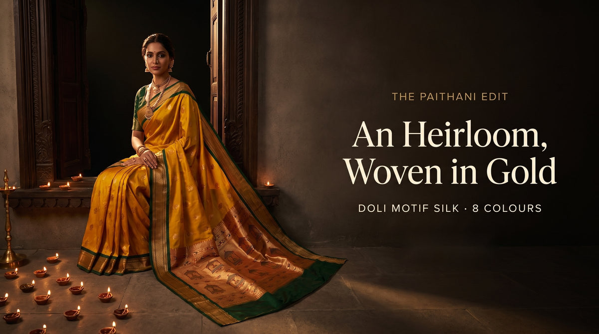 The Paithani Edit - mustard Paithani silk saree with doli motif zari pallu