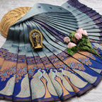 Silver Grey & Navy Blue Peacock Zari Soft Silk Saree - Shivay Libas