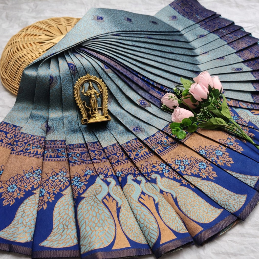 Silver Grey & Navy Blue Peacock Zari Soft Silk Saree - Shivay Libas
