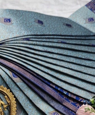 Silver Grey & Navy Blue Peacock Zari Soft Silk Saree - view 2 of 4