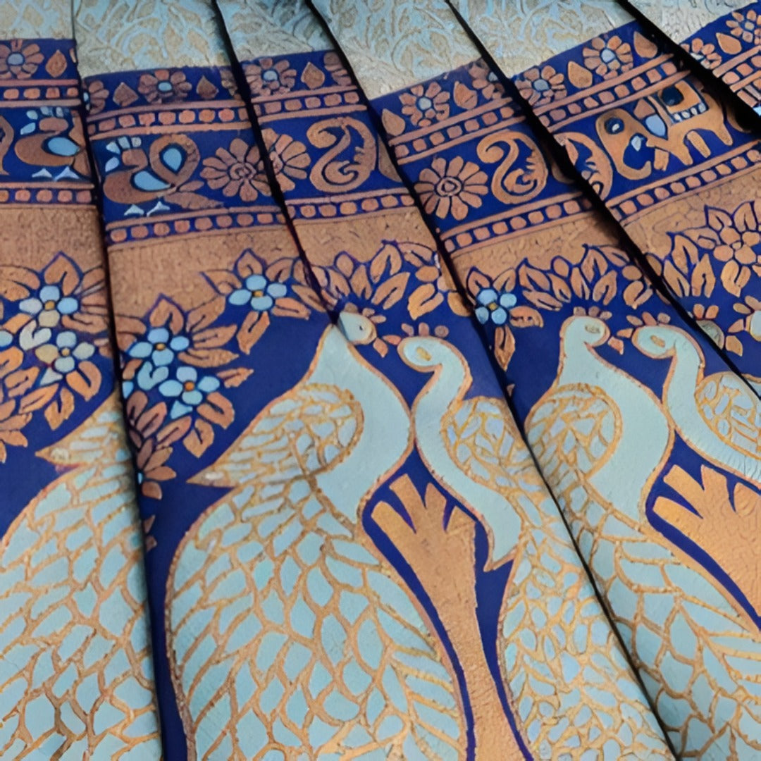 Silver Grey & Navy Blue Peacock Zari Soft Silk Saree - view 3 of 4