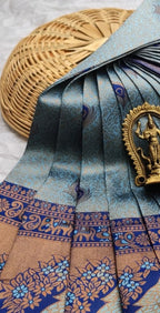 Silver Grey & Navy Blue Peacock Zari Soft Silk Saree - view 4 of 4