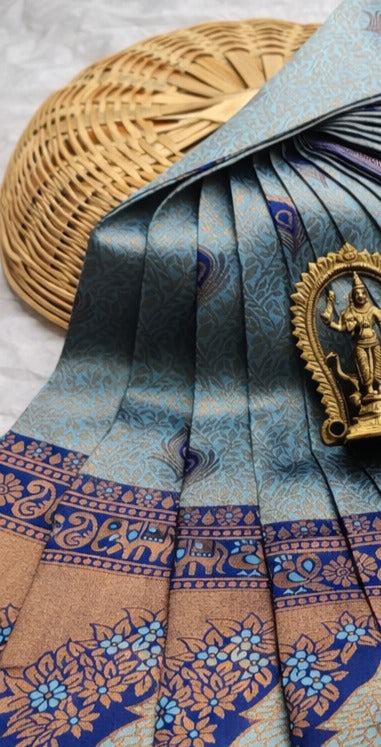 Silver Grey & Navy Blue Peacock Zari Soft Silk Saree - view 4 of 4