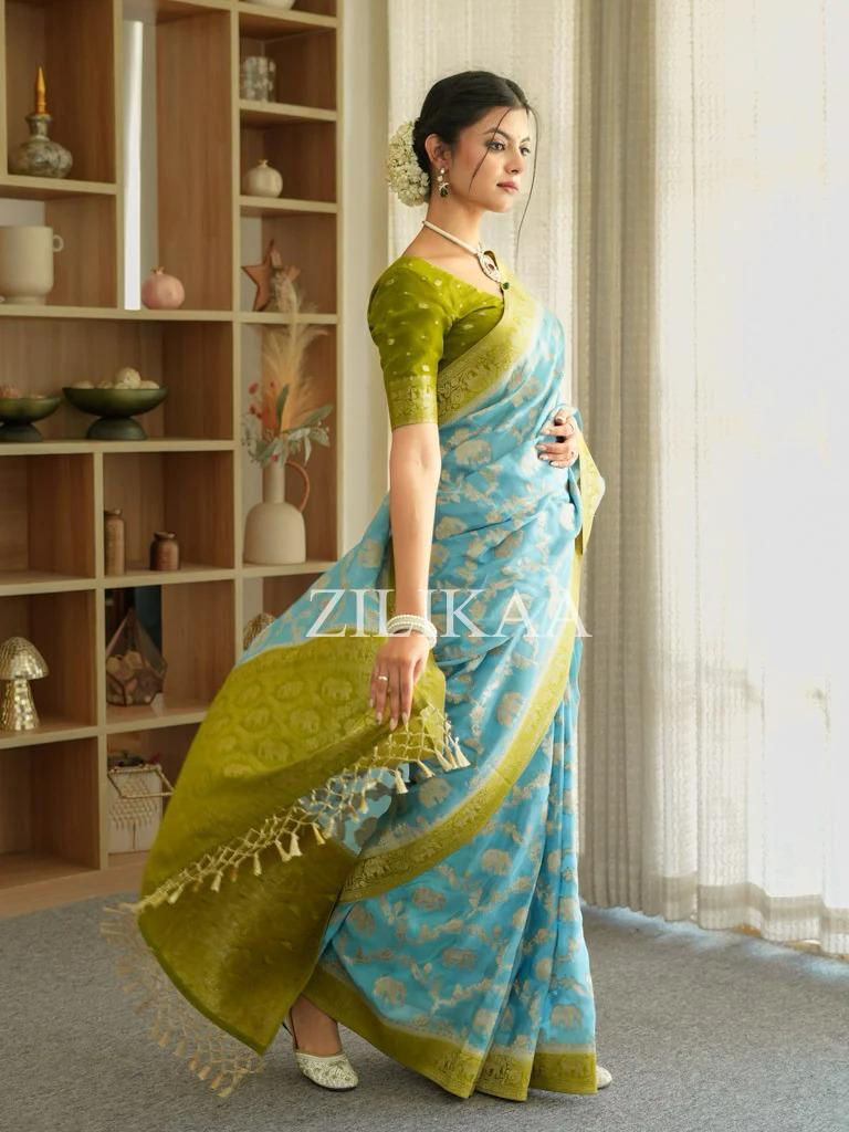 Sky Blue Elephant Banarasi Silk Saree - Shivay Libas
