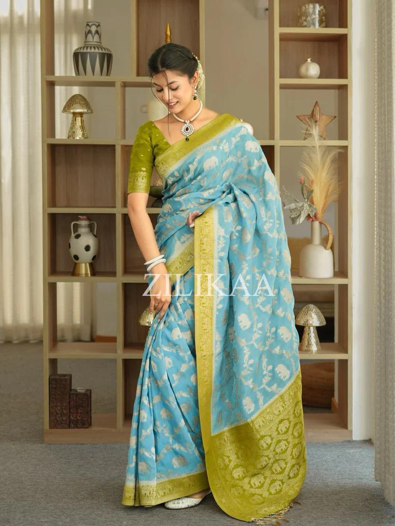 Sky Blue Elephant Banarasi Silk Saree - view 10 of 19