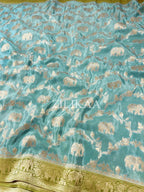 Sky Blue Elephant Banarasi Silk Saree - view 11 of 19