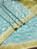 Sky Blue Elephant Banarasi Silk Saree - view 12 of 19