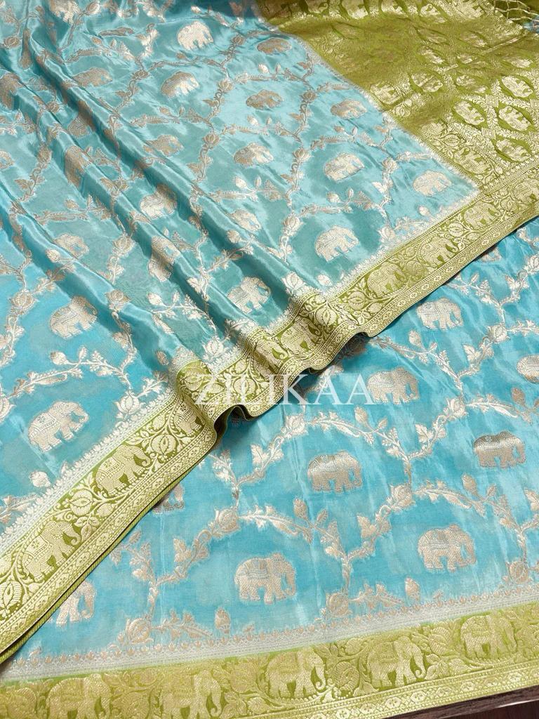 Sky Blue Elephant Banarasi Silk Saree - view 12 of 19