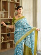 Sky Blue Elephant Banarasi Silk Saree - view 13 of 19