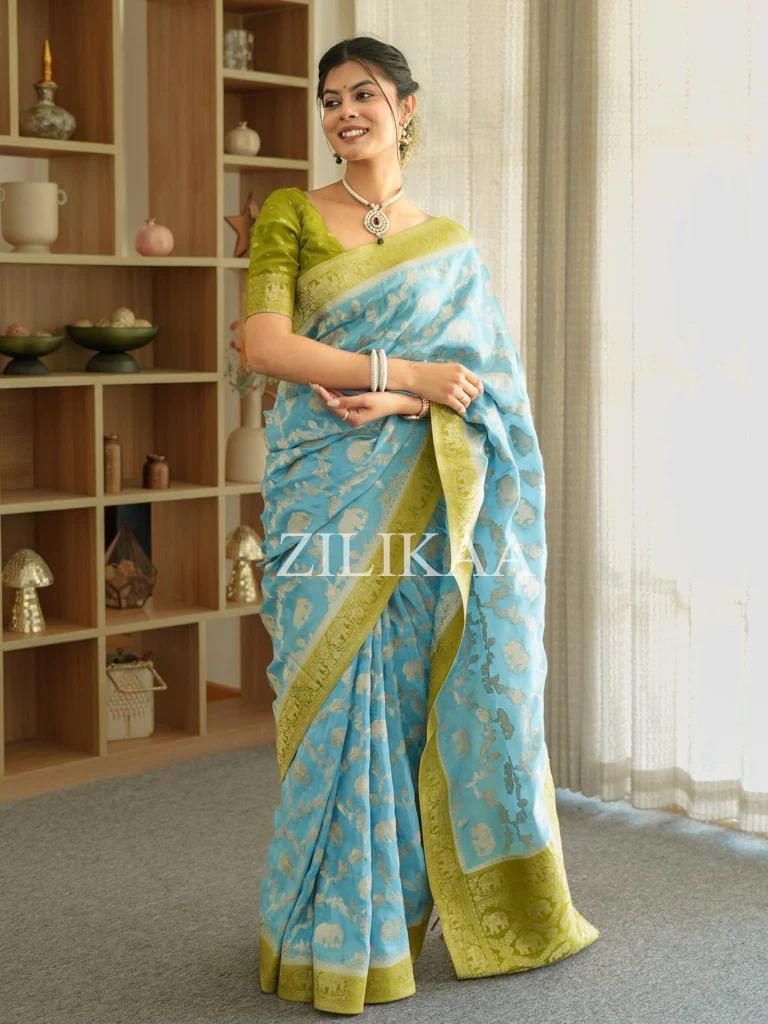 Sky Blue Elephant Banarasi Silk Saree - view 14 of 19