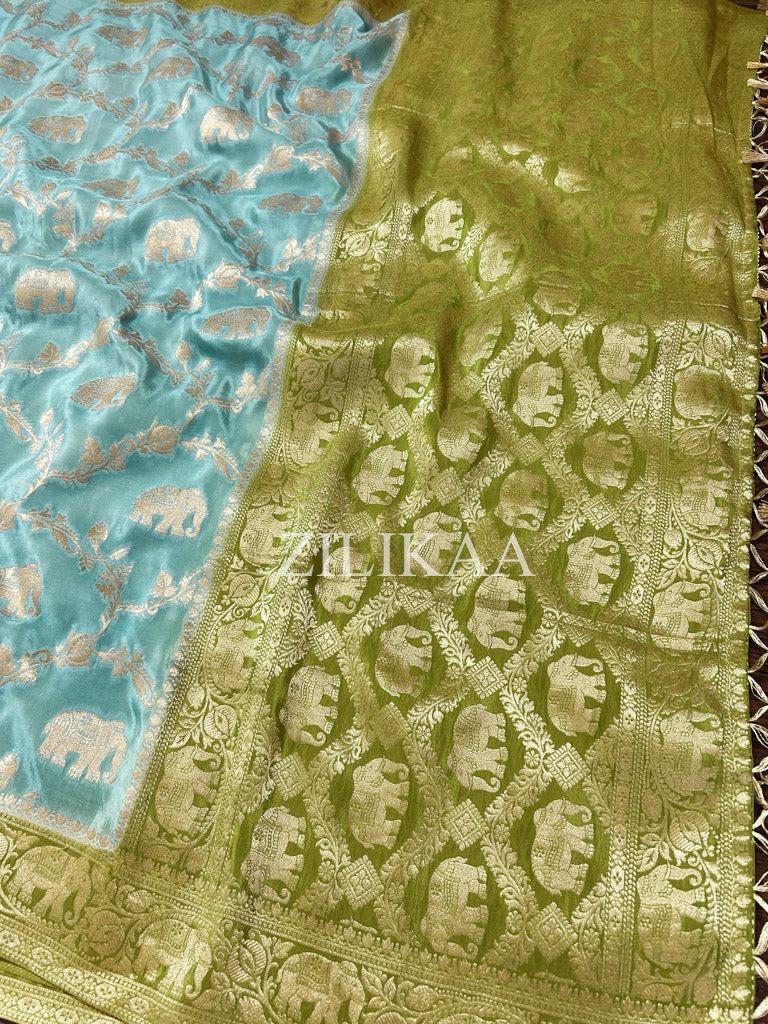 Sky Blue Elephant Banarasi Silk Saree - view 16 of 19