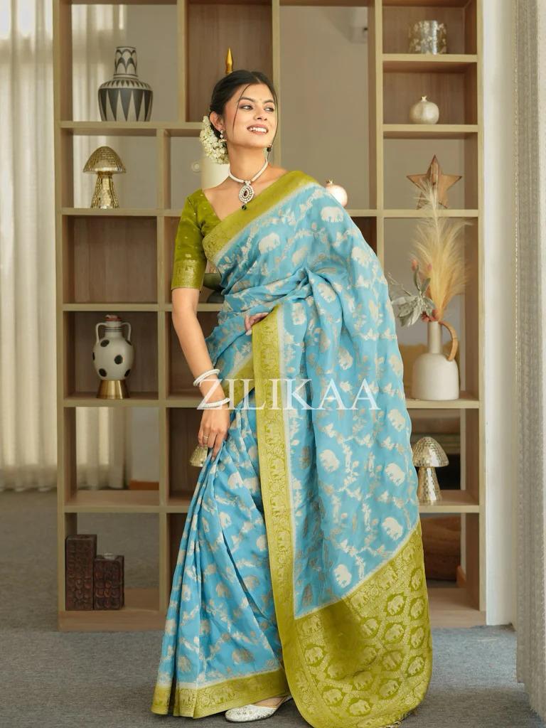 Sky Blue Elephant Banarasi Silk Saree - view 17 of 19