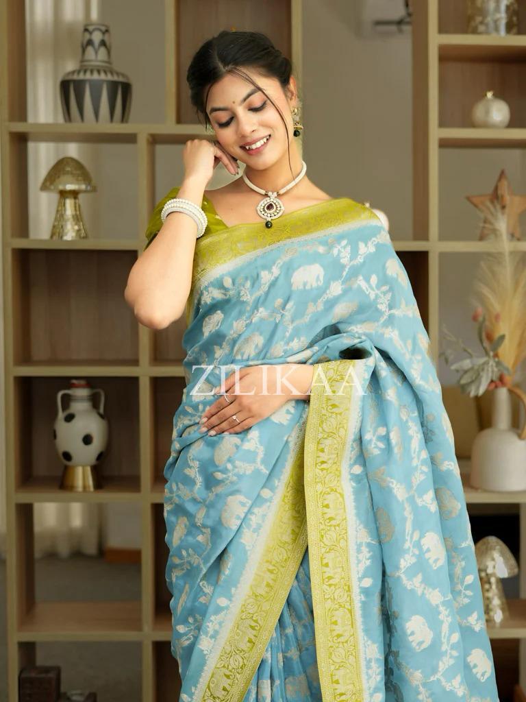 Sky Blue Elephant Banarasi Silk Saree - view 2 of 19