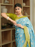Sky Blue Elephant Banarasi Silk Saree - view 3 of 19