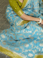 Sky Blue Elephant Banarasi Silk Saree - view 5 of 19