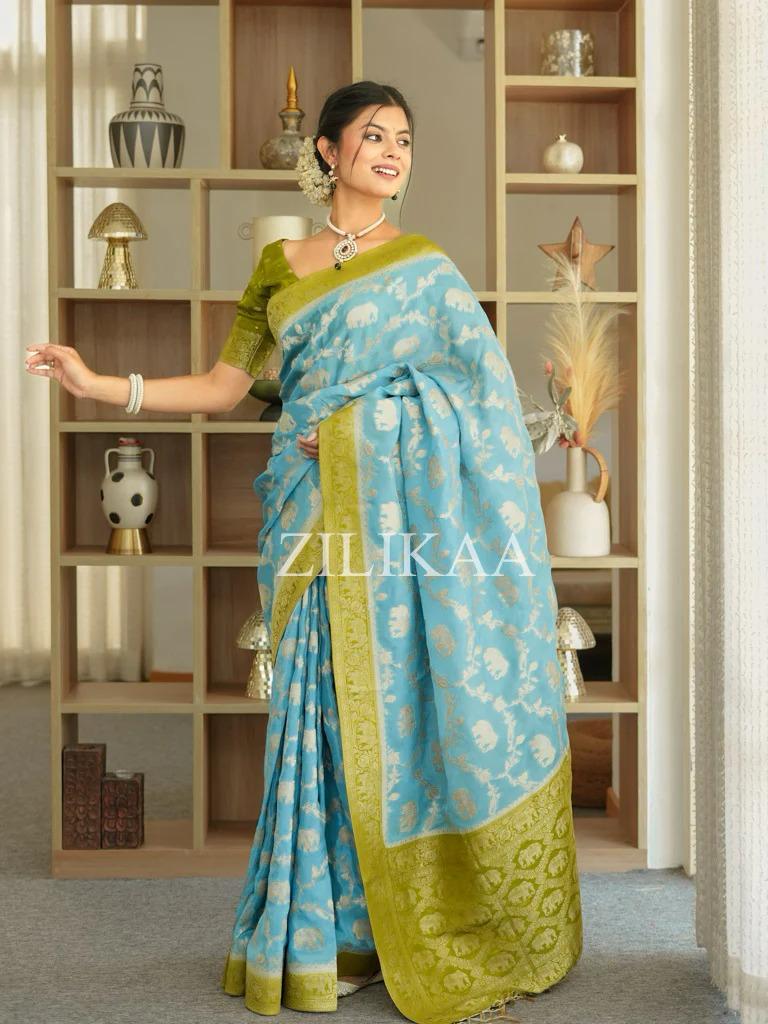 Sky Blue Elephant Banarasi Silk Saree - view 6 of 19