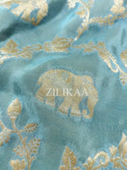 Sky Blue Elephant Banarasi Silk Saree - view 7 of 19