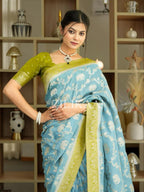 Sky Blue Elephant Banarasi Silk Saree - view 9 of 19