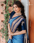 Sky Blue & Navy Border Silk Saree - Shivay Libas