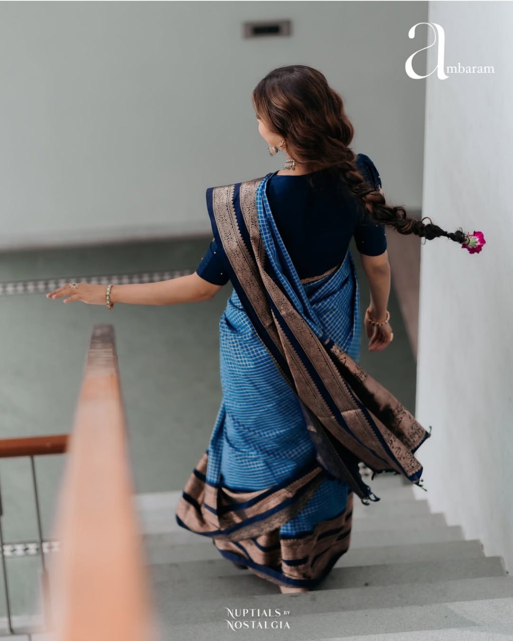 Sky Blue & Navy Border Silk Saree - view 11 of 14