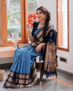 Sky Blue & Navy Border Silk Saree - view 2 of 14