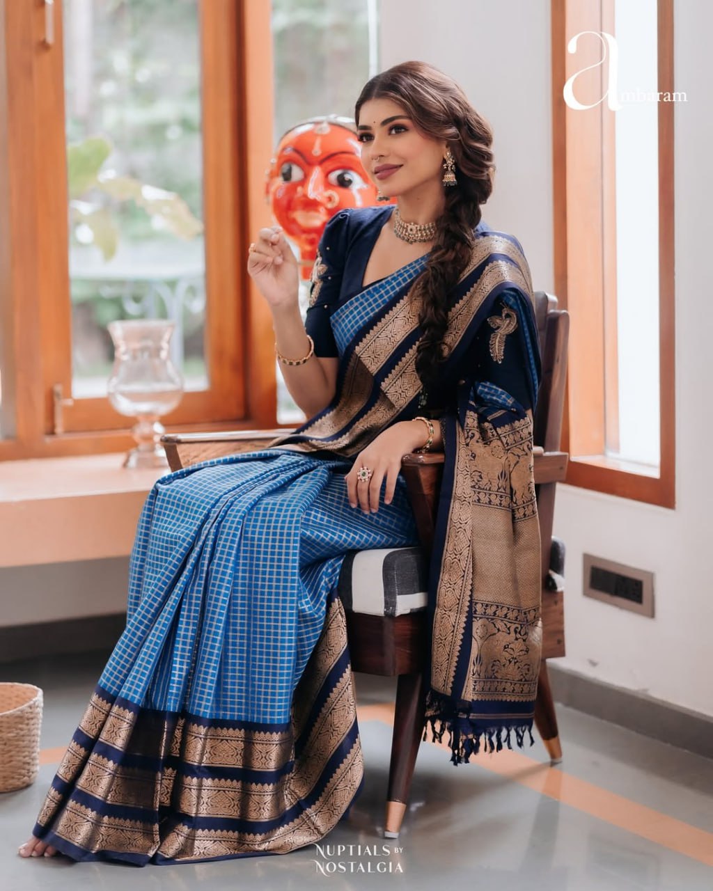 Sky Blue & Navy Border Silk Saree - view 2 of 14