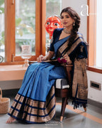 Sky Blue & Navy Border Silk Saree - view 3 of 14