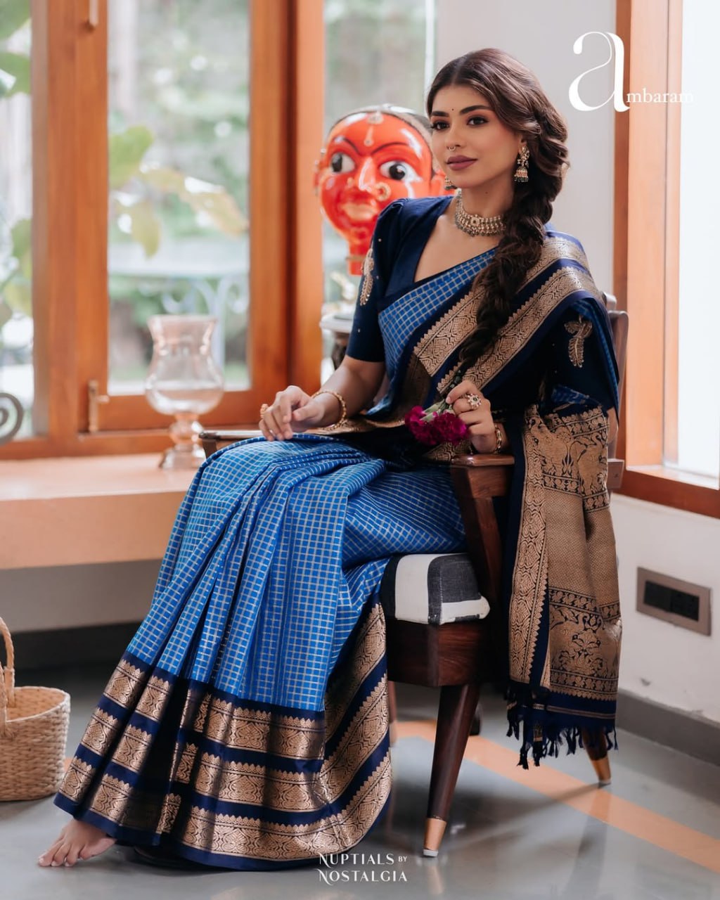 Sky Blue & Navy Border Silk Saree - view 3 of 14