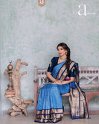 Sky Blue & Navy Border Silk Saree - view 4 of 14