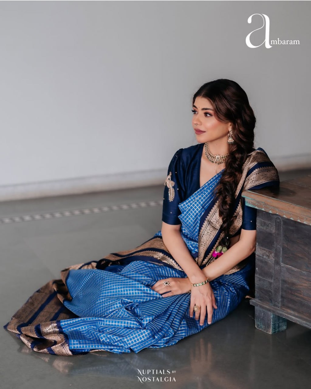 Sky Blue & Navy Border Silk Saree - view 5 of 14