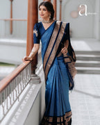 Sky Blue & Navy Border Silk Saree - view 6 of 14
