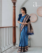 Sky Blue & Navy Border Silk Saree - view 7 of 14
