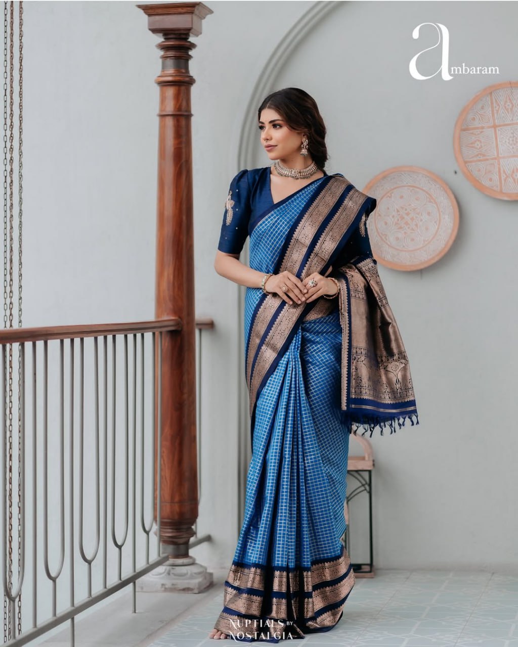 Sky Blue & Navy Border Silk Saree - view 7 of 14