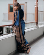 Sky Blue & Navy Border Silk Saree - view 8 of 14