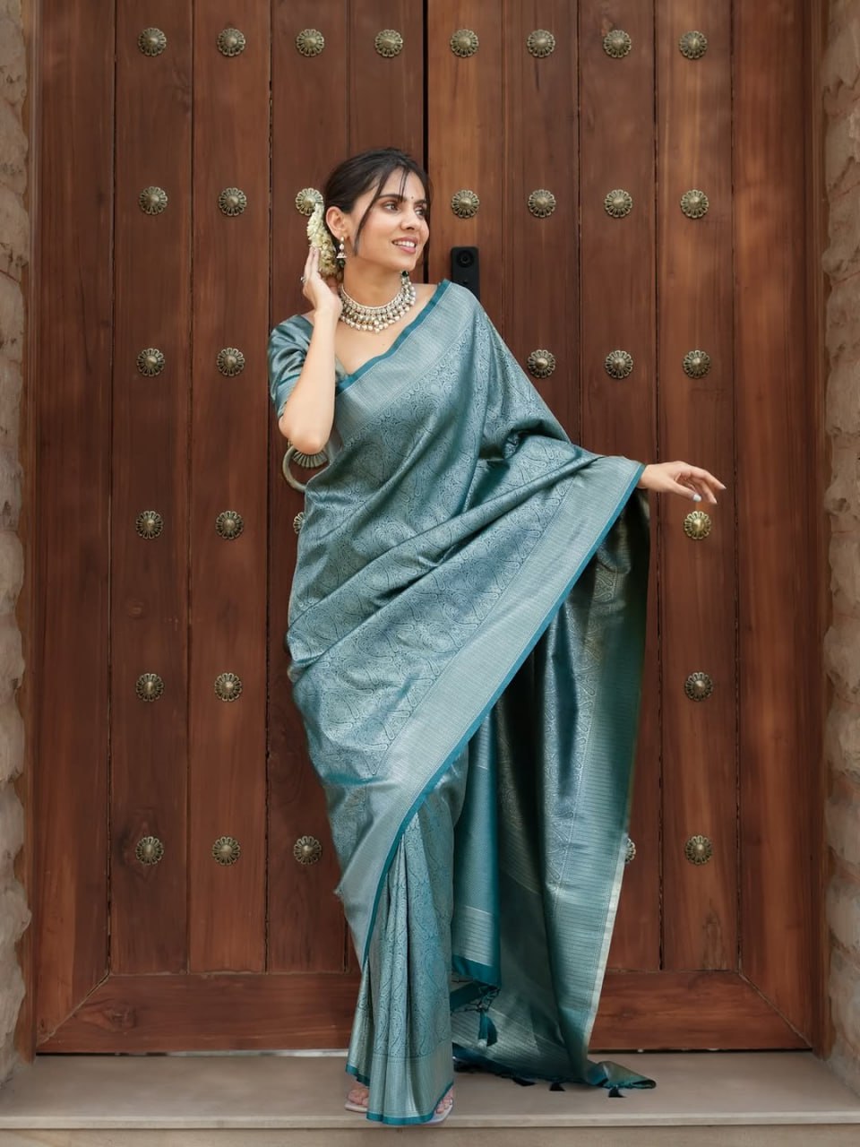 Teal Blue Kanjivaram Style Silk Saree - Shivay Libas