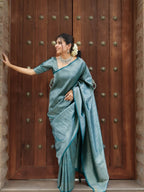 Teal Blue Kanjivaram Style Silk Saree - view 5 of 8