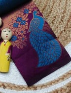 Teal Blue & Purple Peacock Zari Soft Silk Saree - view 2 of 4