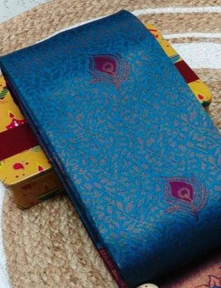 Teal Blue & Purple Peacock Zari Soft Silk Saree - view 4 of 4