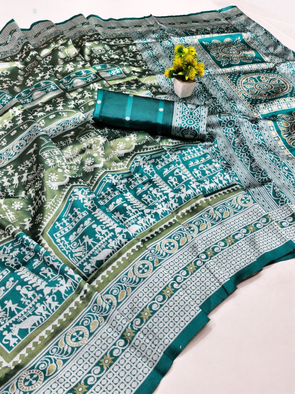 Teal Green Temple Weave Silk Saree - view 2 of 2