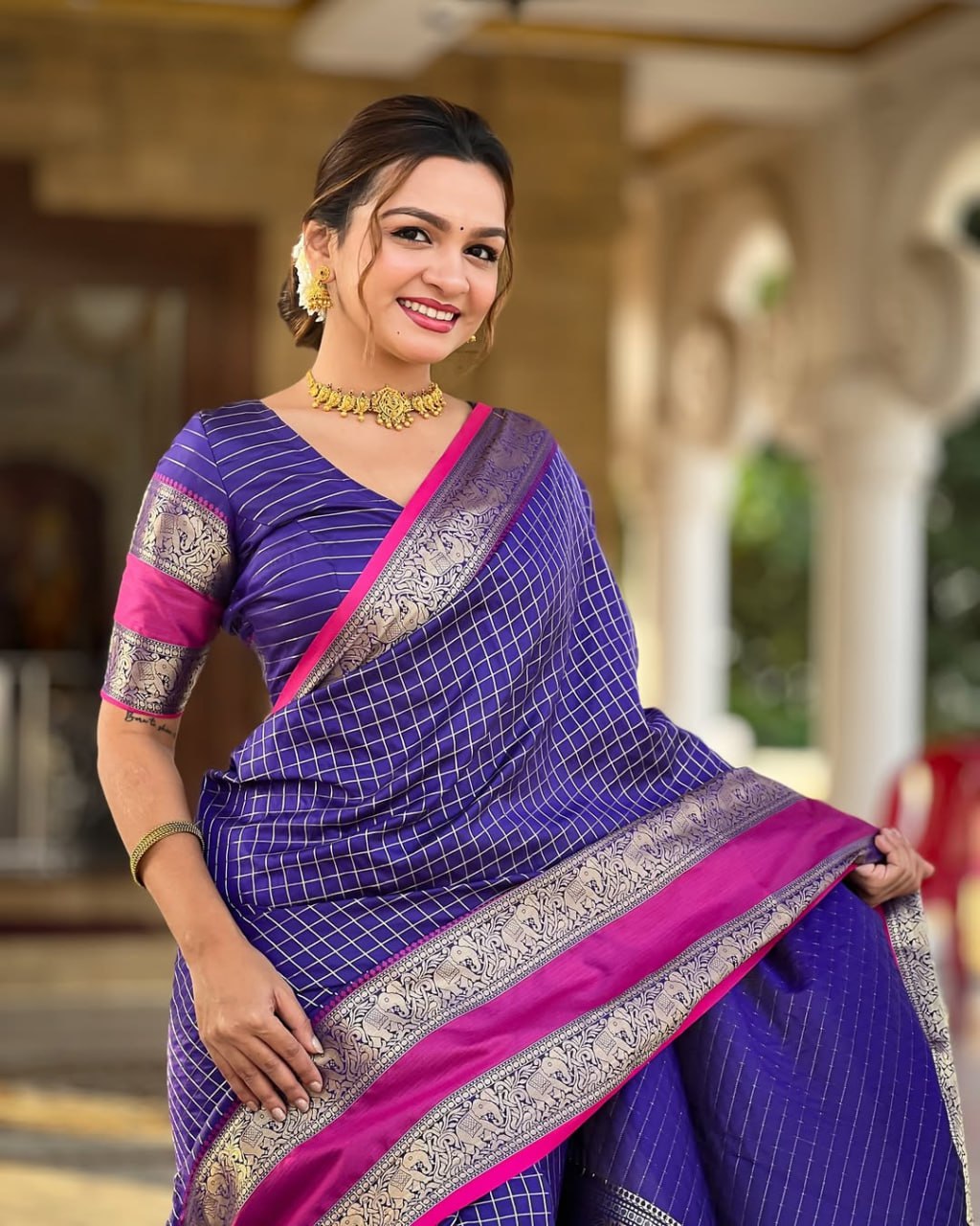 Violet Checks & Pink Border Silk Saree - Shivay Libas