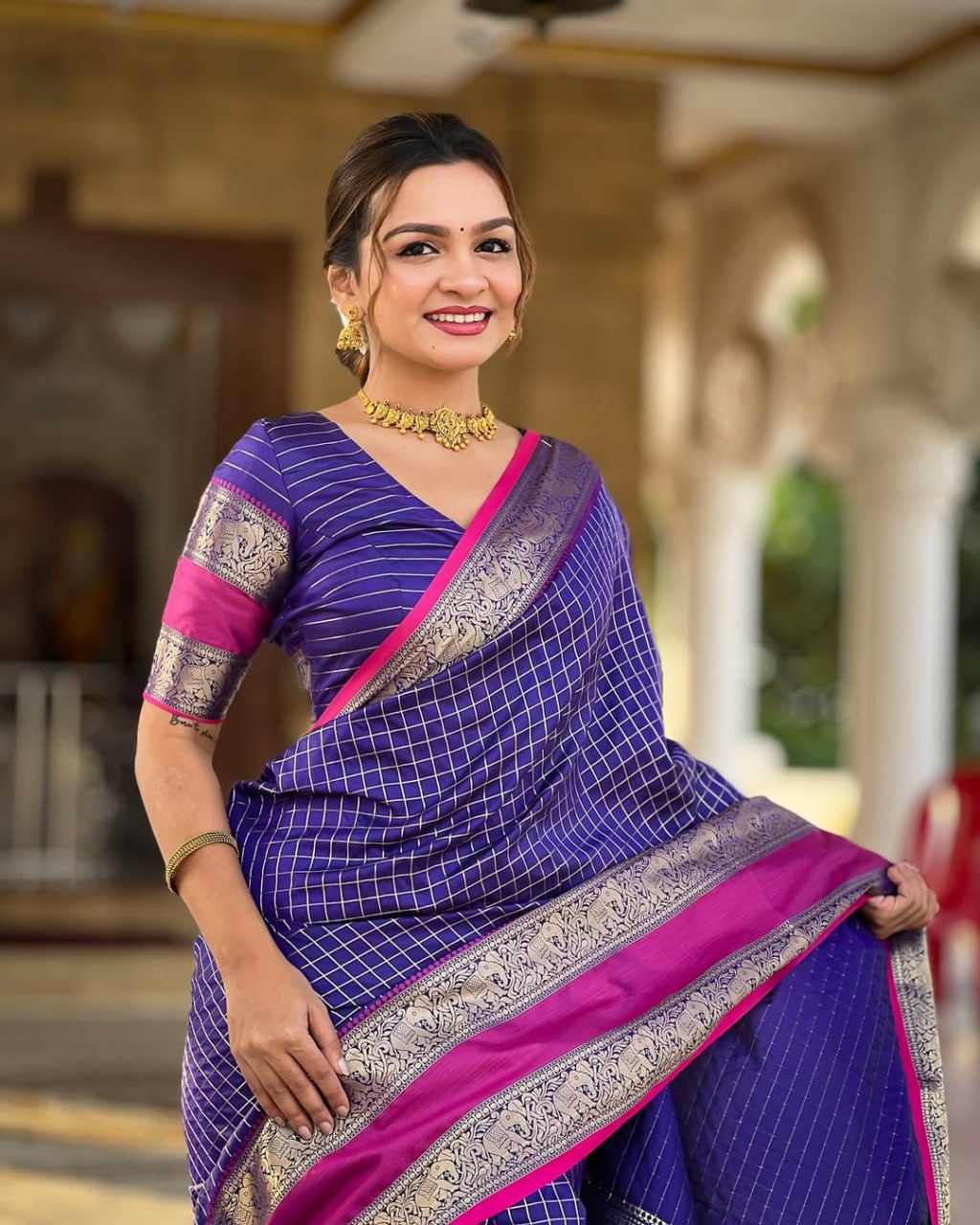 Violet Checks & Pink Border Silk Saree - view 2 of 9