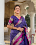 Violet Checks & Pink Border Silk Saree - view 4 of 9