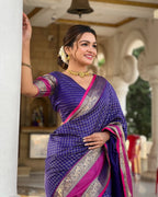 Violet Checks & Pink Border Silk Saree - view 5 of 9